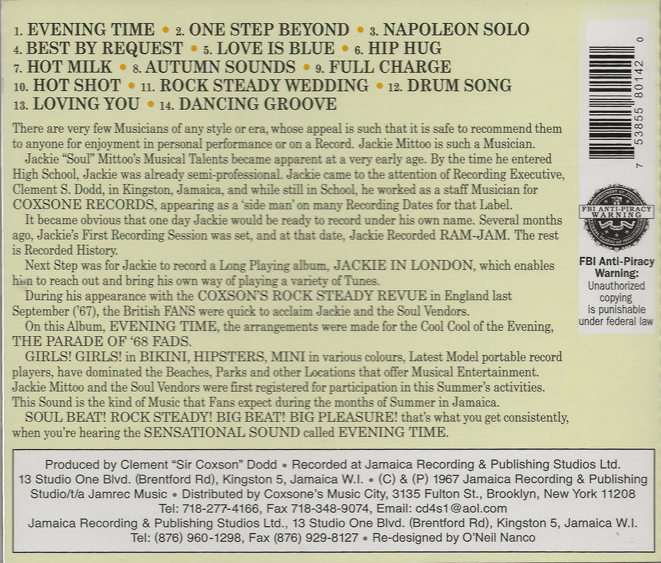 JACKIE MITTOO. Evening Time 14 Song Edition CD